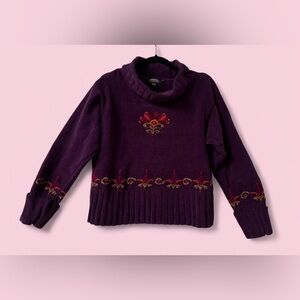 Icelandic Design Purple Chenille Cotton Embroidered Boho Sweater | Size M